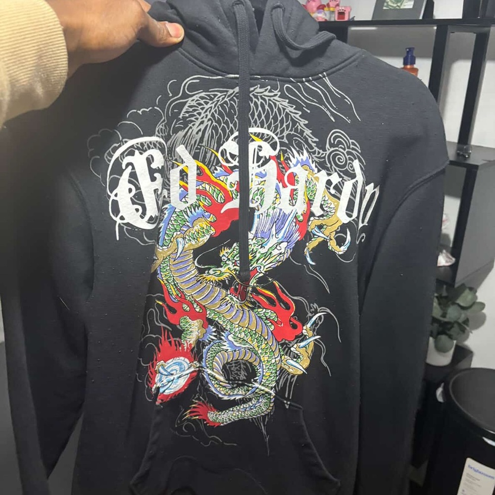 Ed Hardy Black Hoodie with Colorful Dragon Art